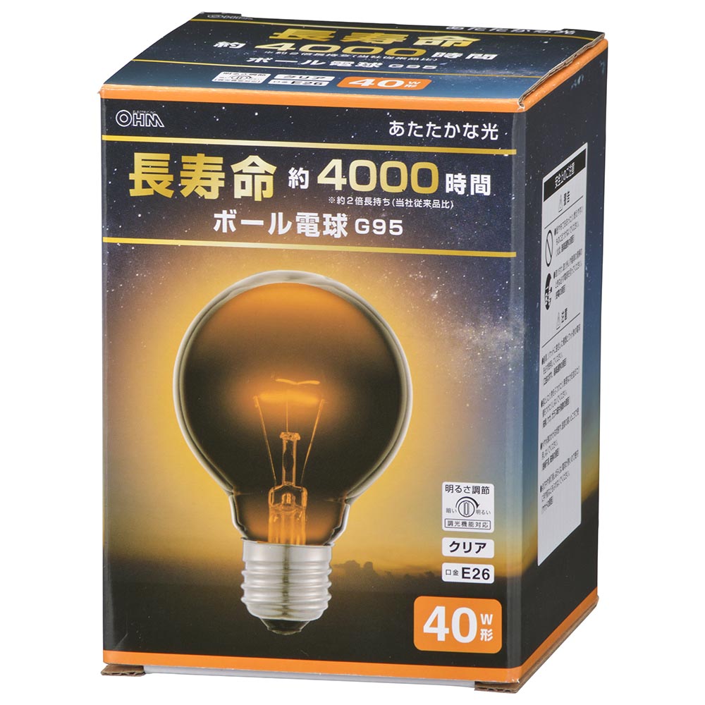 ボール球 長寿命(40W/クリア/電球色/450 lm/調光機能対応/E26/G95)_06-0861_LB-GL9640K-CN_OHM(オーム電機)